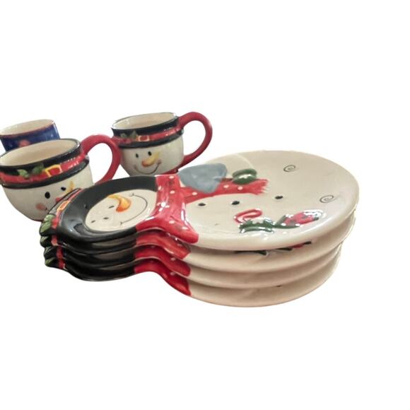 Set of 4 Snowman plates w 2 snowmen coffee mugs Christmas festive holiday - Picture 3 of 8